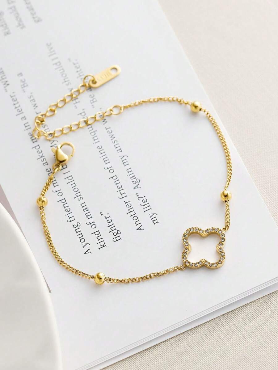 1 Stück 18K vergoldetes Edelstahl Armband mit Zirkonia Kugel und 4-Blatt Kleeblatt, Geschenk für Mütter, Paare, Töchter, Sommerstrandmode, wasserfest und farbbeständig