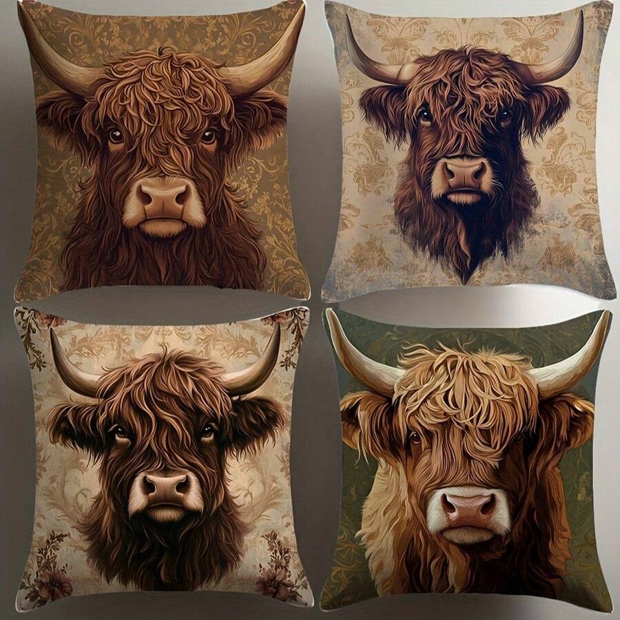 4pcs, Highland Cow Artistic Pillow Covers, Without Pillow Inserts, Polyester 100%,16x16 18x18 20x20 Inches, Single-Sided Print - Rustic Floral & Weathered Look Design, Soft Polyester, Zippered Closure - Ideal For Living Room Sofa, Bedroom Decor.