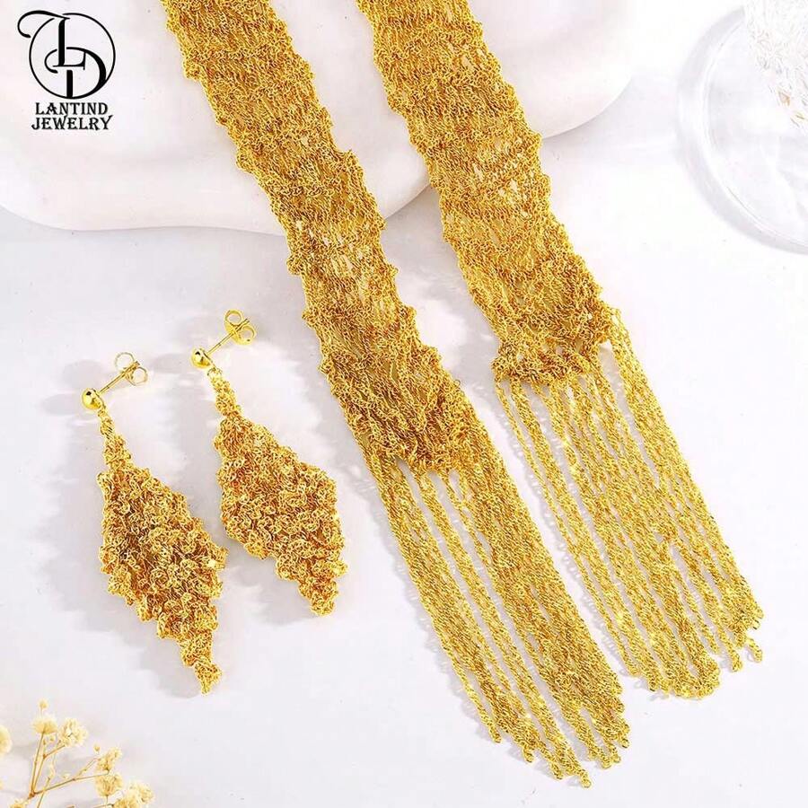 2Pcs Handmade Knitted 24K Gold Plated Sweater Chain, Necklace & Earring Jewelry Set For Women, Suitable For Party, Wedding, Anniversary, Formal Dress, Holiday Gift, Casual Wear