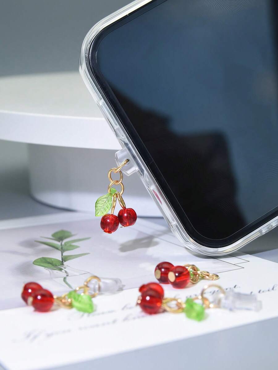 1 pezzo Tappo antipolvere in silicone a forma di pendente di ciliegie rosse per porta di ricarica del telefono, compatibile con prese di ricarica Lightning e Type-C, decorazione