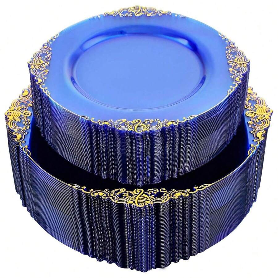 Reusable Transparent Blue Lace Gold-Rimmed Fruit Salad Plate, Suitable For Family Gatherings, Parties, Birthdays, Weddings, Outdoor Activities, Team Building, Etc.