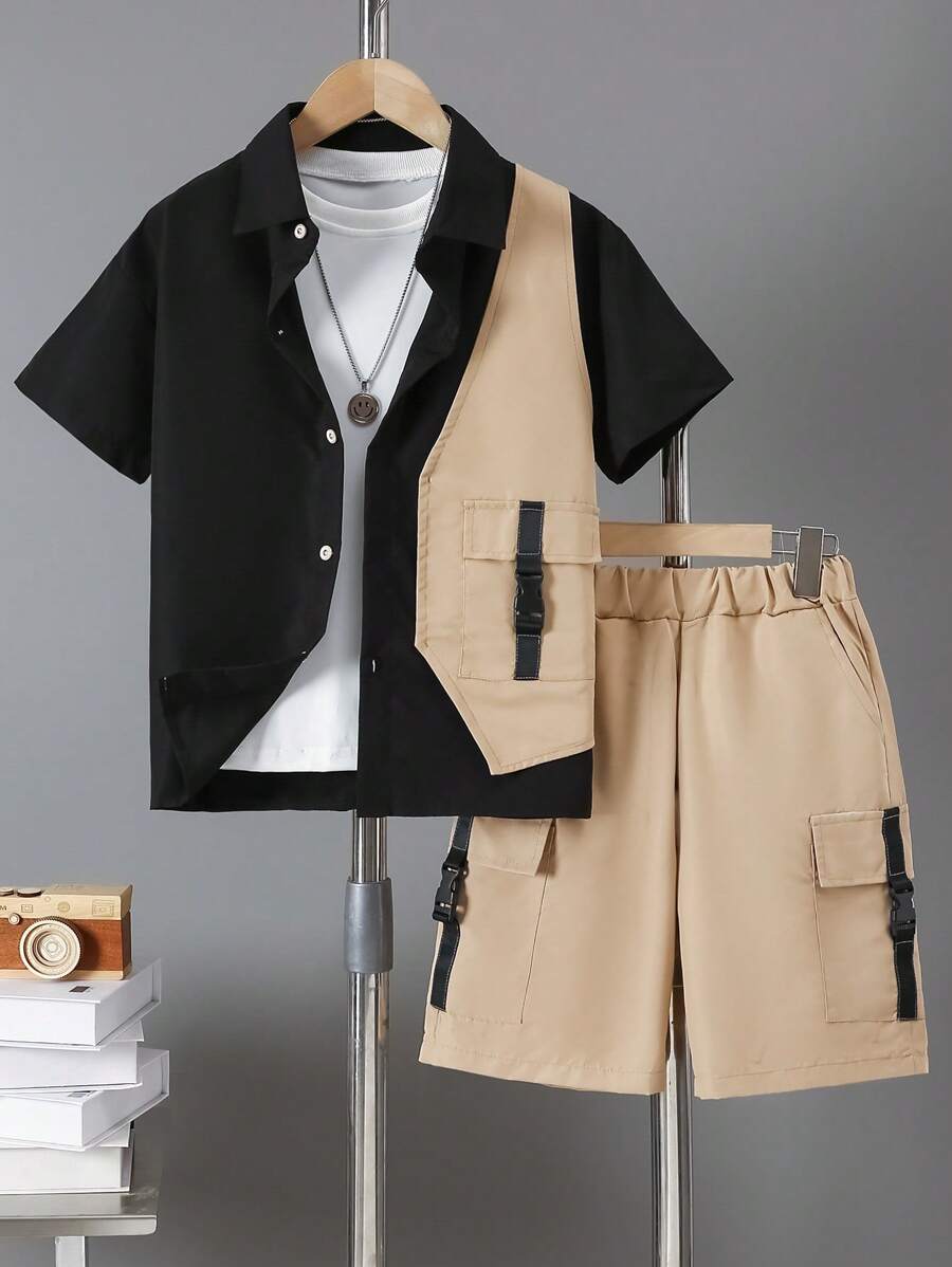 2pcs Set Boys' School College Style Turndown Collar Button-Up Short Sleeve Shirt And Drawstring Casual Shorts, Spring/Summer