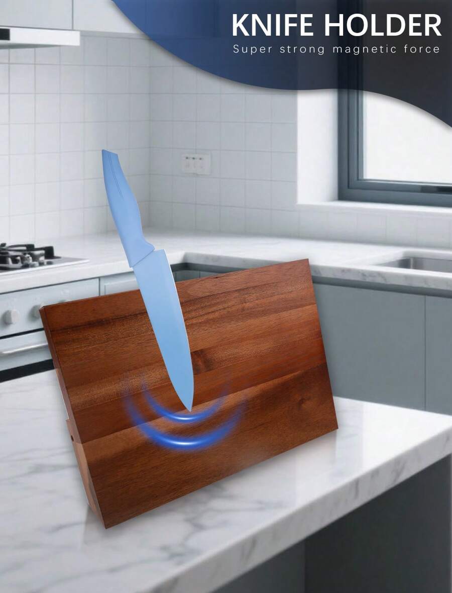 Magnetic Knife Block, Thickened Acacia Wood Kitchen Knife Holder Stand With Strong Magnets, Multifunctional Double Side Knife Storage Organizer For Kitchen Counter