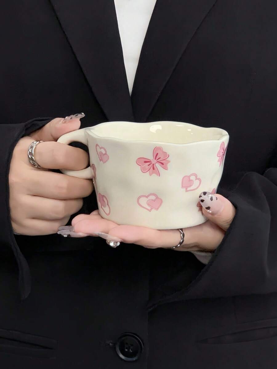 1pc Handpainted Heart, Bow, Sun, Rainbow, Star Ceramic Mug, Instagrammable French Latte Cup, Cute Girl Style Beverage Cup, Tea/Coffee/Water Cup, Practical & Stylish Gift, Suitable For Cafe, Dessert Shop, Restaurant, Living Room, Party, Gift Giving