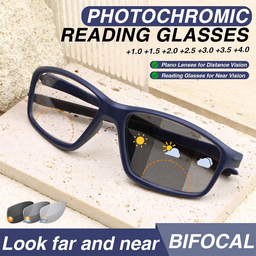 1 Stück lässige photochromatische Lesebrille mit Bifokallinse, mit doppelt verwendbarer Linse, die sich drinnen/draußen einfärbt, bequemer Wechsel zum Lesen, ausgestattet mit rutschfesten Bügeln, eine stilvolle & sportliche photochromatische Bifokalbrille