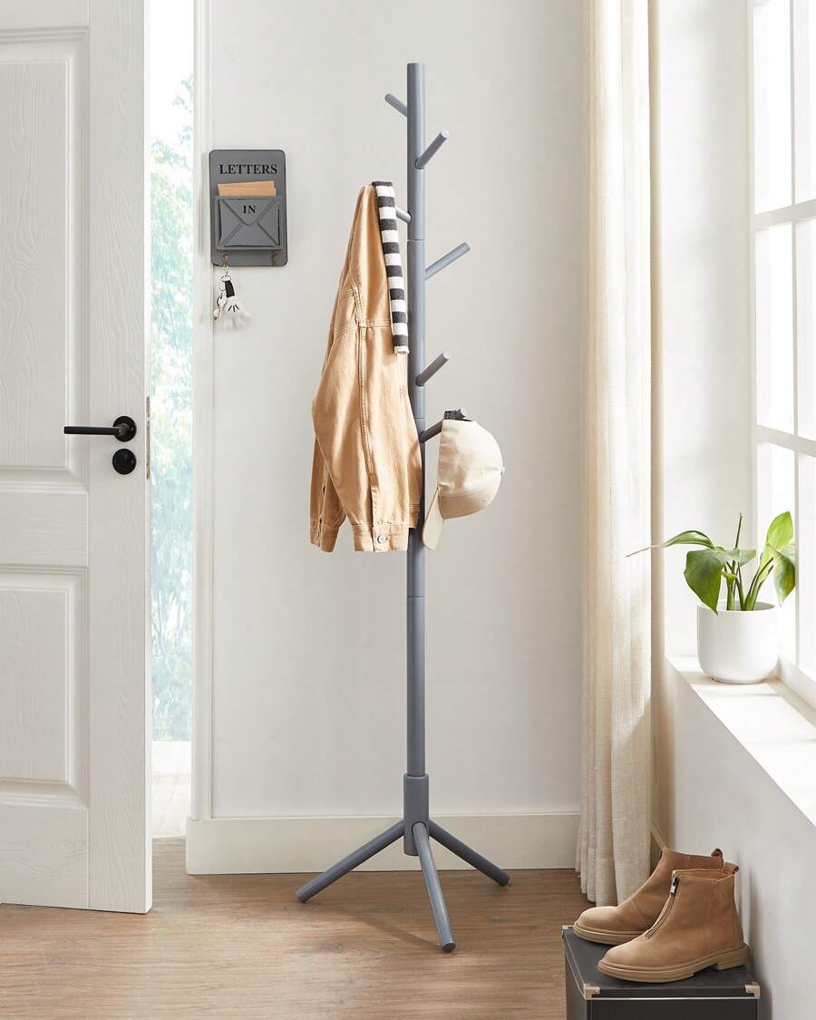 Attaccapanni da Terra, Appendiabiti in Legno a Forma di Albero, 8 Ganci, 3 Altezze, per Vestiti Cappelli Borse, Ingresso Camera da Letto Ufficio, Grigio