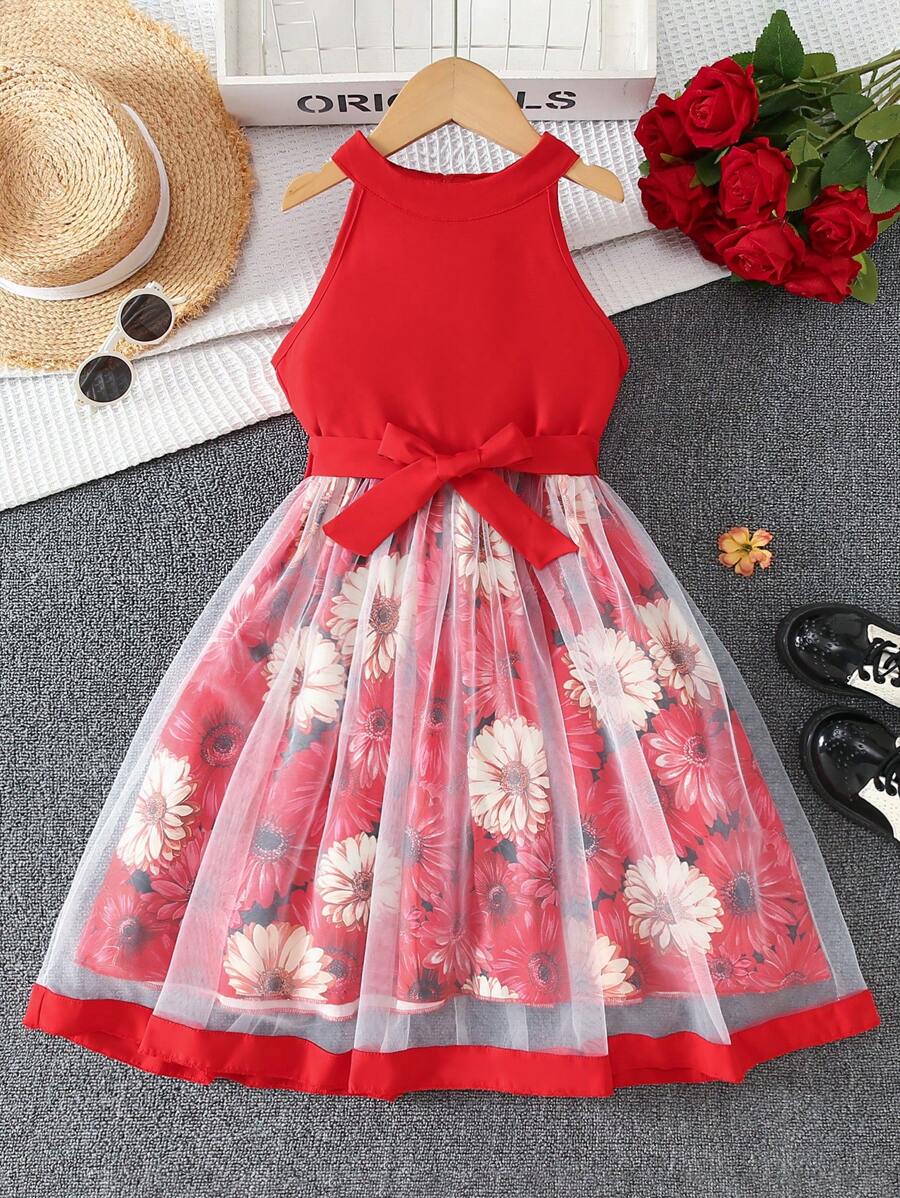 Girls Mesh Splicing Halter Neck Waist Tie Print Dress, Tweens