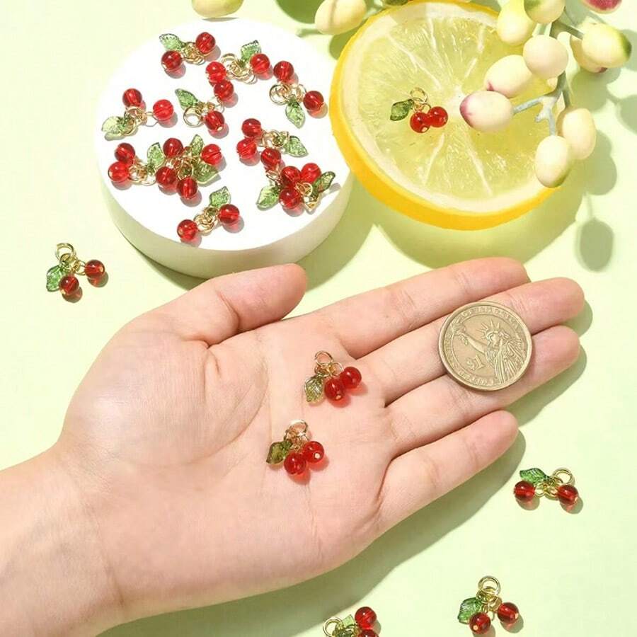 12pcs/Set Fashionable Cute Plastic Cherry Decor, Suitable For DIY Jewelry Making Bracelets, Necklaces, Earrings, Pendants