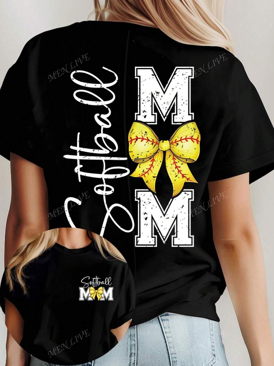 Plus Size Mother's Day Butterfly & "Softball MAMA" Graphic Tee, Women's Black Short Sleeve Round Neck T-Shirt, Casual Everyday Wear For Summer