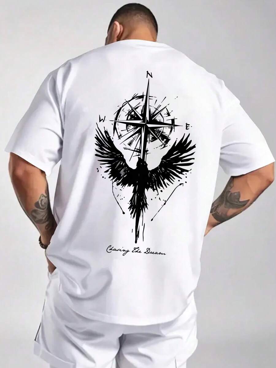 Plus Size Men's Casual Compass & Eagle Graphic Print Round Neck Short Sleeve T-Shirt, Summer