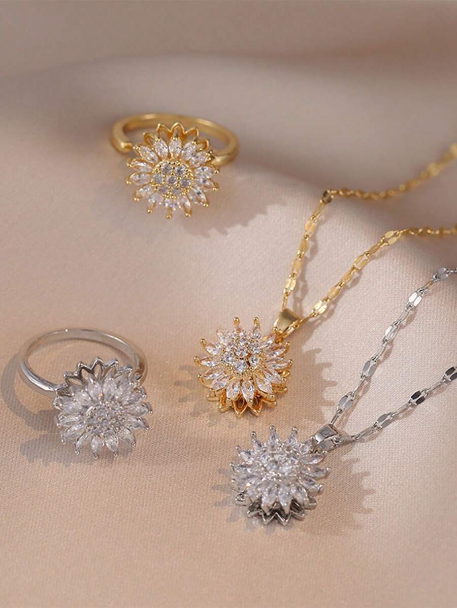 1 pezzo/Collana pendente Bracciale a girasole girante per donna, bracciale a fiori regolabile con strass, bracciale Fidget luccicante e a fiori per polso piccolo, braccialetto per l ansia con cuboidi di zirconia cubica a forma di girasole, gioielli per l umore, accessori per sollievo dall ansia con parte rotante