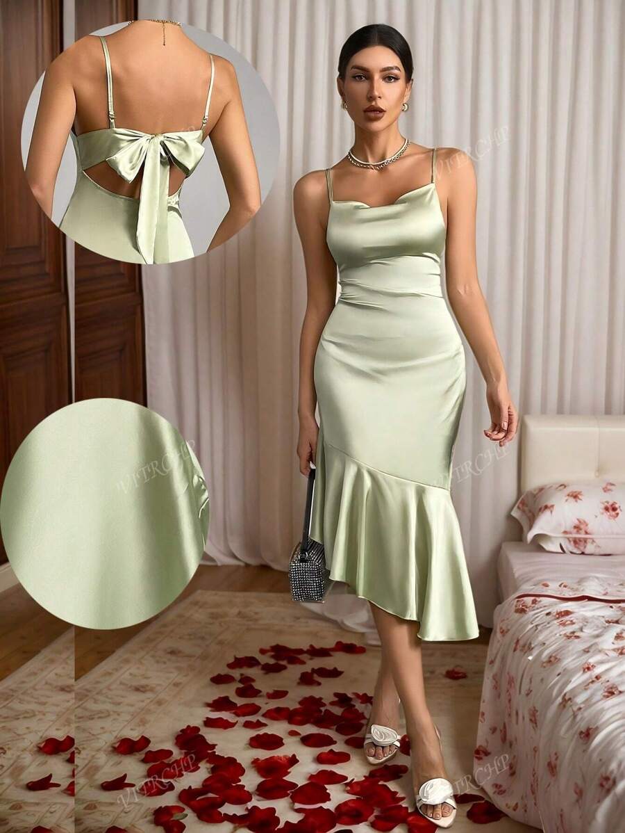Vestido de Coquetel Elegante Ajustado Simples com Alça Tipo Spaghetti de Cor Sólida, Vestido de Festa