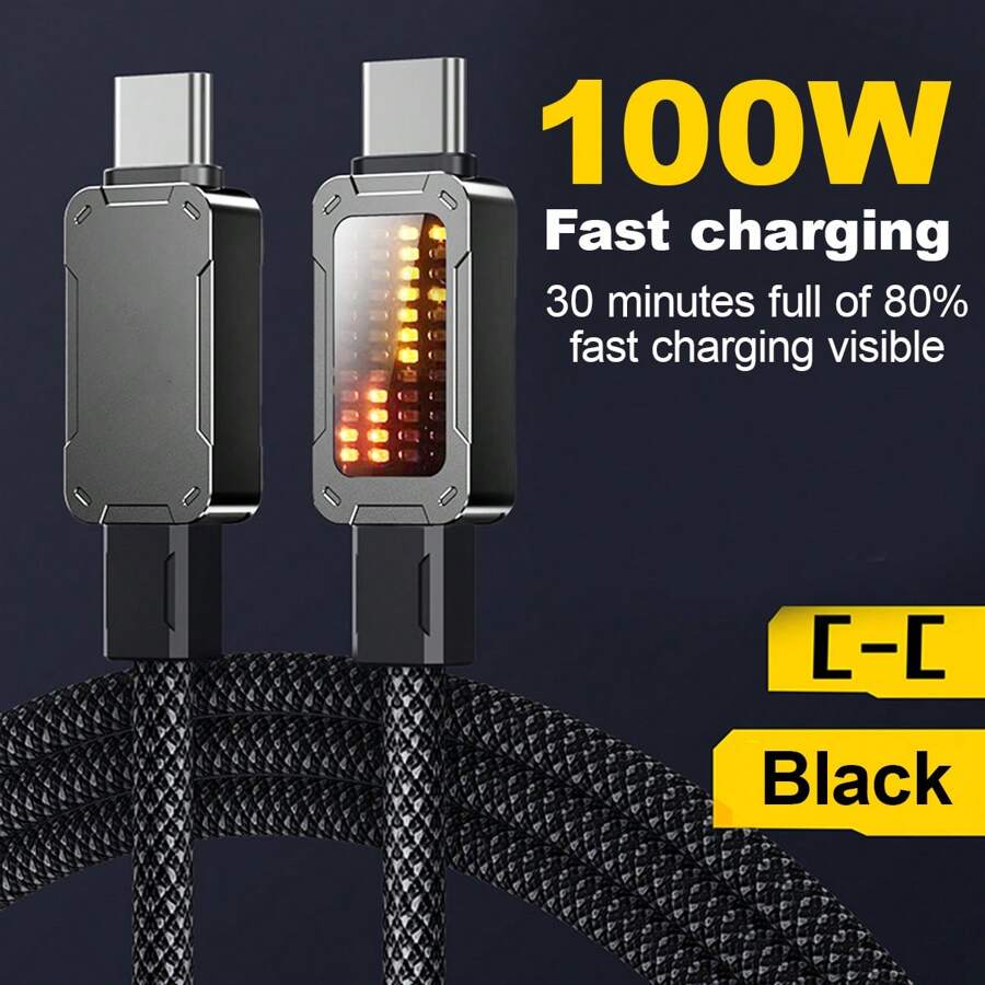 Cable USB Tipo C a USB C de 100W con luz LED que fluye, admite carga ultra rápida con chip Emarker, cable de datos trenzado de carga rápida PD compatible con Galaxy S25, S22, Mate40 Pro, 15 16 Pro Max Pro