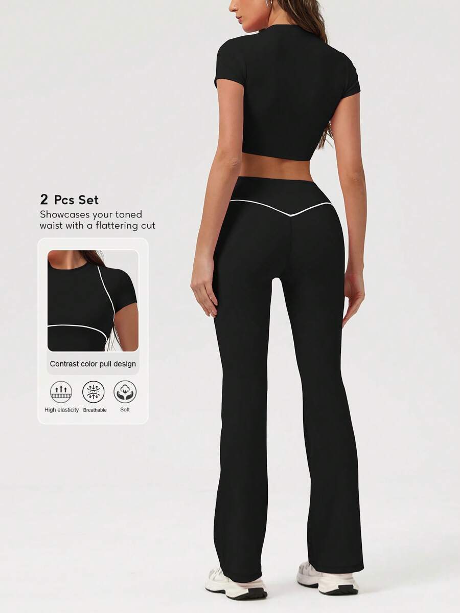 Sodalemon Women Color Block Fitness Set Short Sleeve Yoga Training Crop T-Shirt V-Cross Lift Buttocks Casual Flare Pants 2 Pcs Sport Set