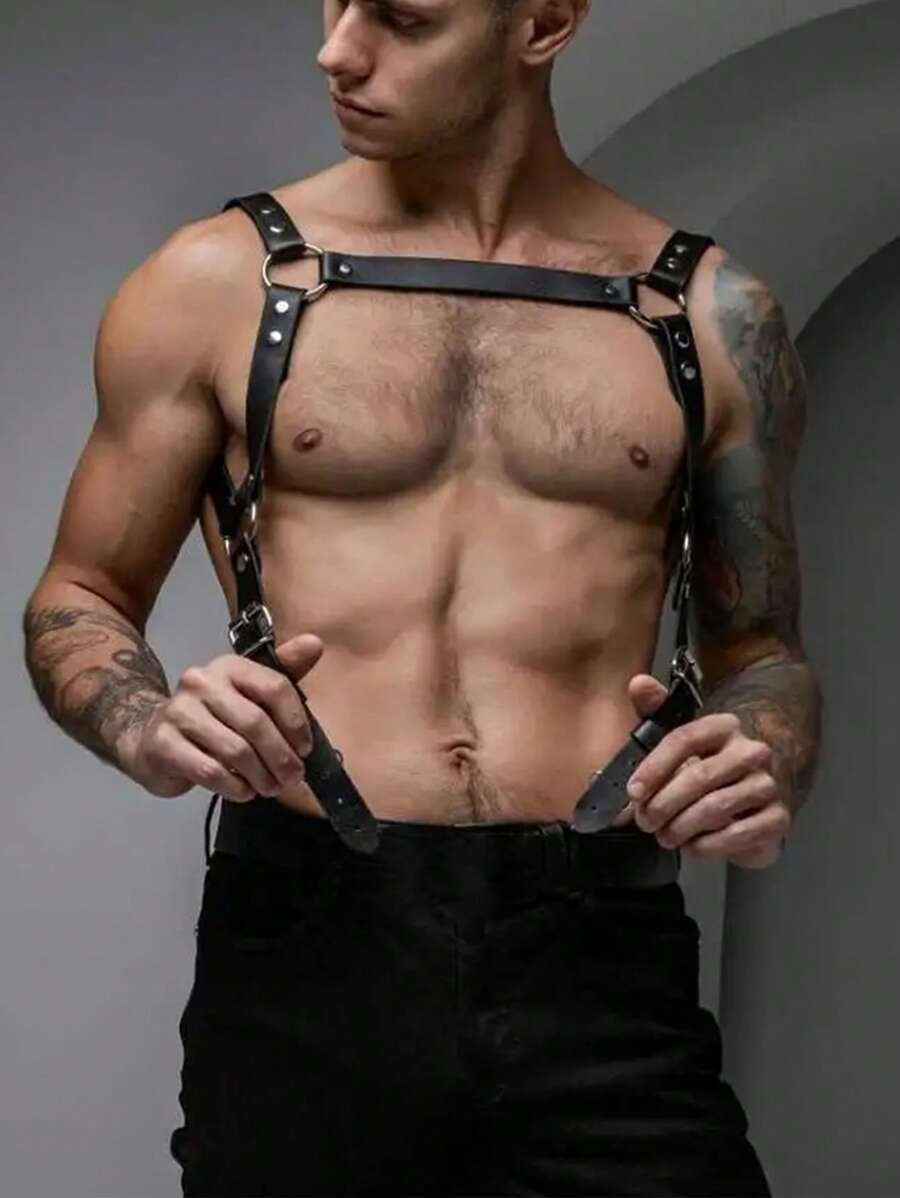 1pc PU Leather Gothic Style Men's Sexy Suspender, Body Harness Strap, Chest Front Strap, Bodysuit Accessory