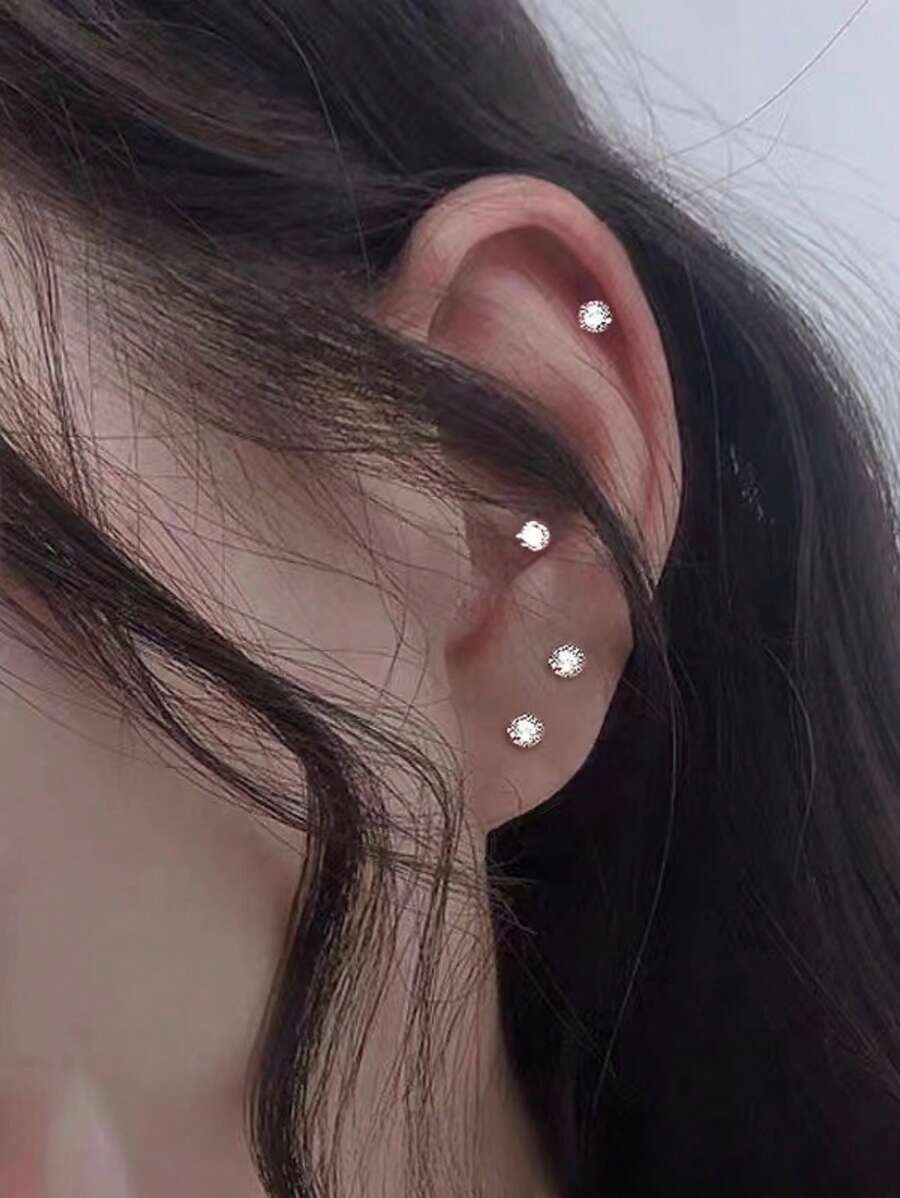 4 Pairs Classic Cubic Zirconia Stud Earrings Set In Black & White, Hypoallergenic, Can Be Worn While Sleeping, Copper Nickel-Free Plating, Suitable For Women's Daily Wear And As Valentine's/Thanksgiving Gifts, Versatile Fashion Accessory For All Seasons