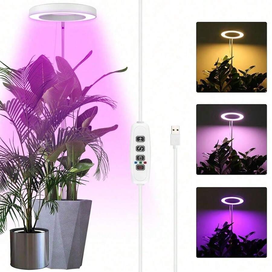 1pc Angel Ring Full Spectrum Plant Growth Lamp With Floor Stand, USB Timing Dimming, 10-Level Cycle Dimming , For Succulent Bonsai Plant Light Supplement, Indoor Seedling Lamp, Vegetable Greenhouse And Hydroponic Lamp