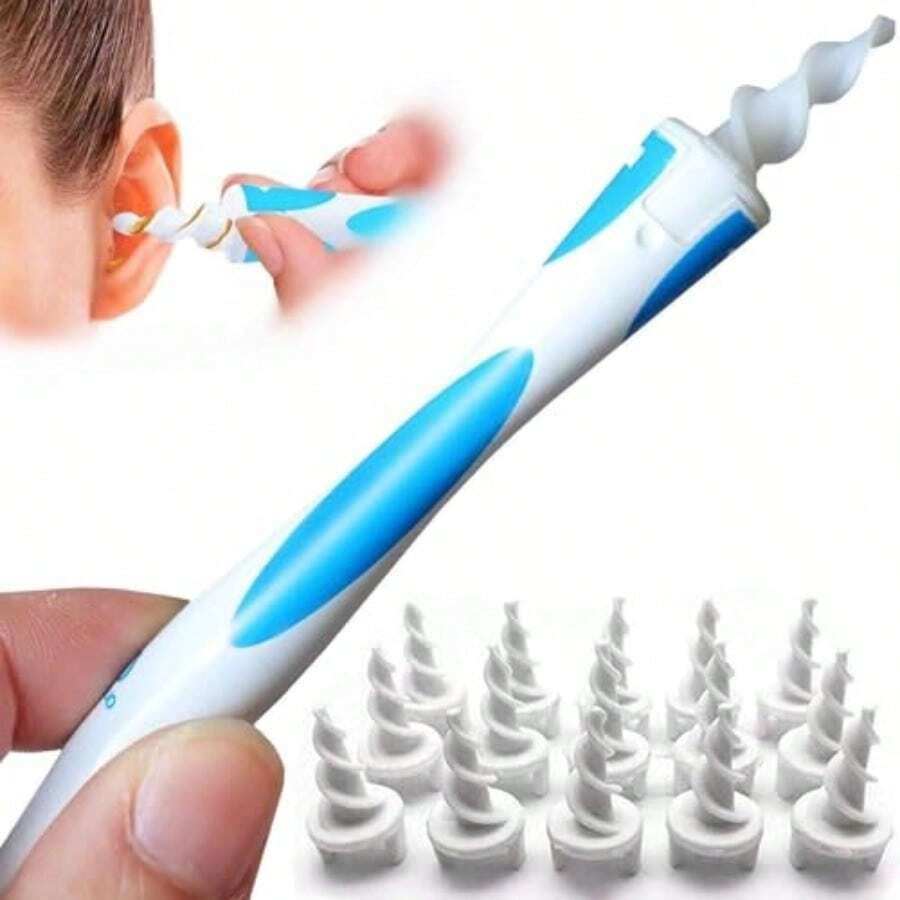 Herramienta en espiral para eliminar el cerumen del oído 2025Q, kit reutilizable para eliminación del cerumen del oído, limpiador de oído seguro con 16 piezas de repuesto suaves y flexibles, color azul