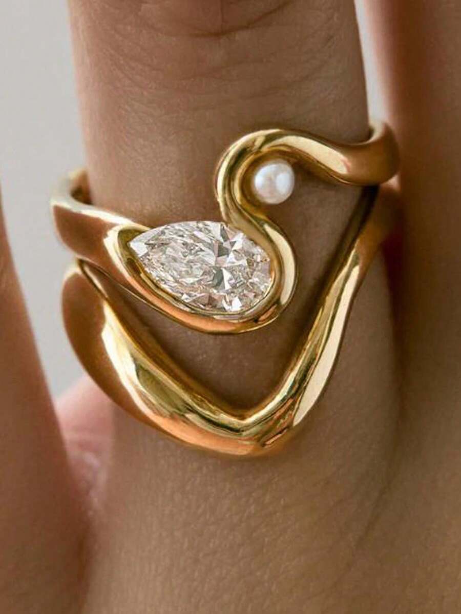1 pieza Anillo con forma de gota de agua de línea geométrica con perla y circonita, anillo de oro ligero y lujoso de cobre, adecuado para uso diario, citas, fiestas, playa, boda, anillo de compromiso, joyería de boda, regalo de joyería