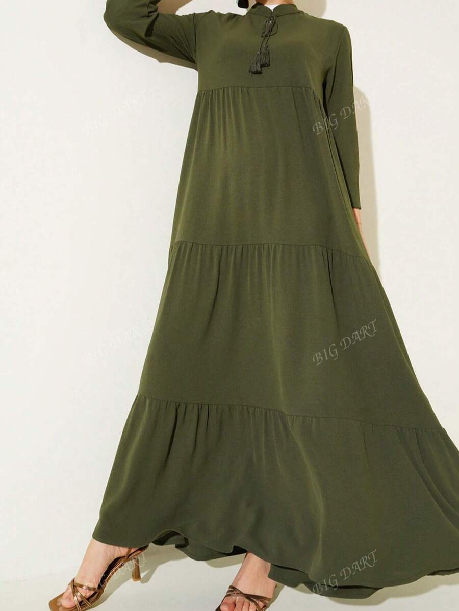 Abito elegante da donna con maniche a lanterna, collo con fiocco arricciato, di colore unito
