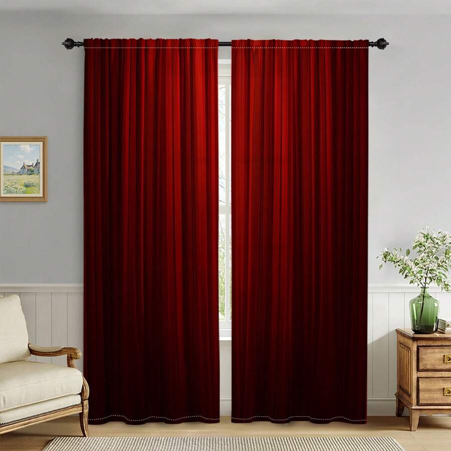 2pcs Elegant Red Gradient Sheer Curtains - Rod Pocket Design, Light-Filtering Polyester Fabric, Easy To Clean, Perfect For Bedroom & Living Room Decor, Room Decor Curtains Elegant Home Decor Lightfiltering Curtains, Curtains For Living Roo