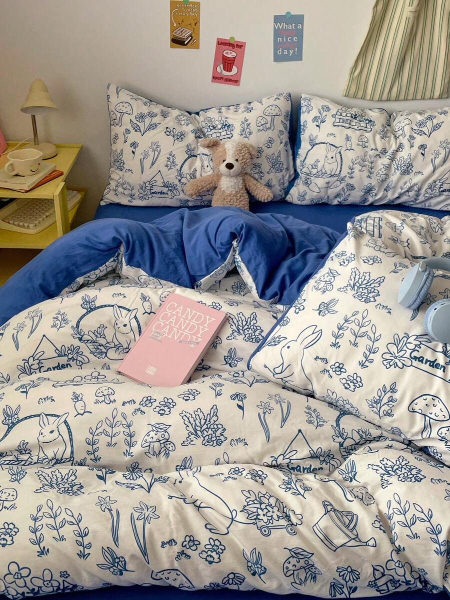 1 Set Juego de Ropa de Cama con Estampado de Conejo Azul Klein de 4 Piezas, Estilo Boceto Suave y Cómodo Adecuado para Todas las Estaciones para el Hogar, Hotel, Decoración de Dormitorio, (1 Edredón + 1 Sábana Plana + 2 Fundas de Almohada), Patrón de Funda de Almohada Aleatorio