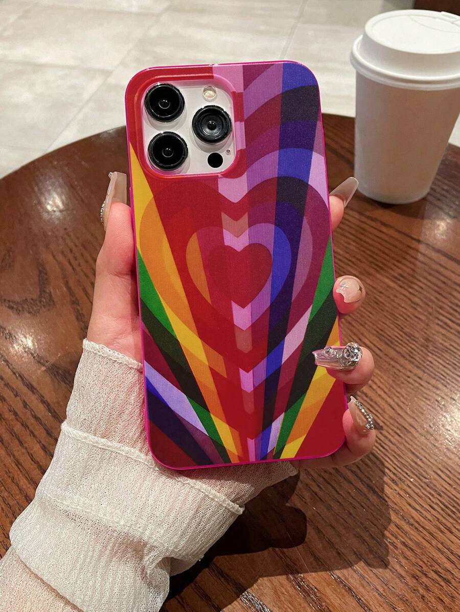 Regenbogenherz-Sturm! Modischer personalisierter Handyhülle - Regenbogen-gestreiftes Herzenmuster vollflächige fuchsiafarbene Handyhülle, kompatibel mit iPhones & Galaxy Smartphones