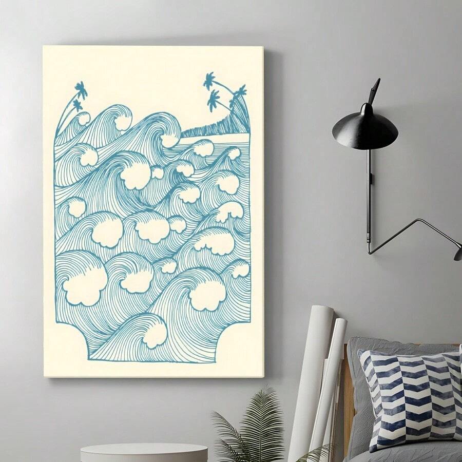 1 PAC Wall Arts ,Posters ,Coastal Decor ,Summer ,Canvas Wall Art - Retro Surfing Poster With Waves And Palm Trees, Modern Beach Theme Decoration, Suitable For Living Room, Bedroom Or Office, Indoor Use, Beach Theme Decoration