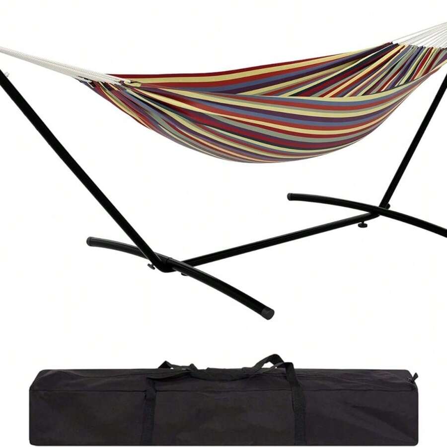 Double Hammock With Space Saving Steel Stand, 2 Person Heavy-Duty Hammock With Carry Bag, For Garden, Yard Or Outdoor, 450lbs Capacity