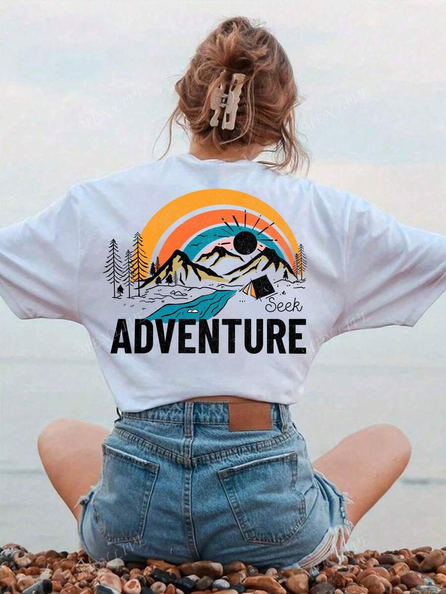 Plus Size Summer Vacation Graphic T-Shirt, "Seek Adventure", Suitable For Camping, Hiking, Nature Lovers, Adventure Enthusiasts