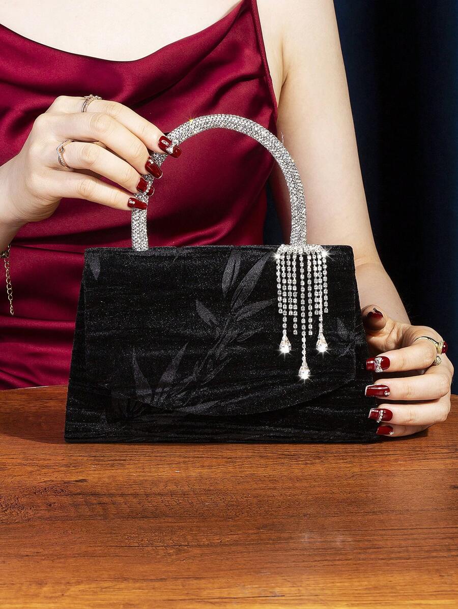 1pc Asymmetrical Pattern Velveteen Material Party Clutch, Decorated With Elegant Crystal Wrist Strap And Crystal Tassel, Suitable For Wedding/Party/Prom/Formal Occasions (Handheld/Shoulder/Crossbody)