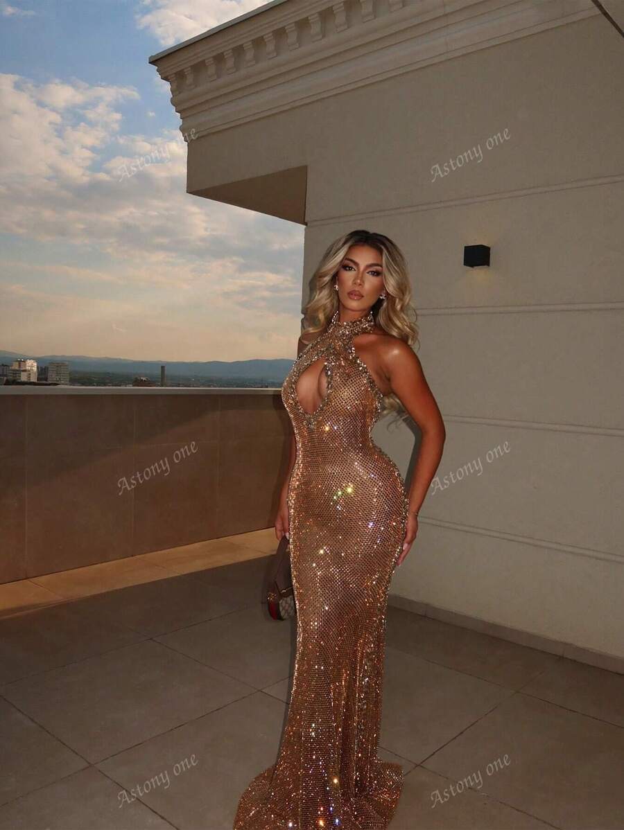 New Halter Neck Hollow Out Fitted Elegant Evening Dress For Women, Spring/Summer