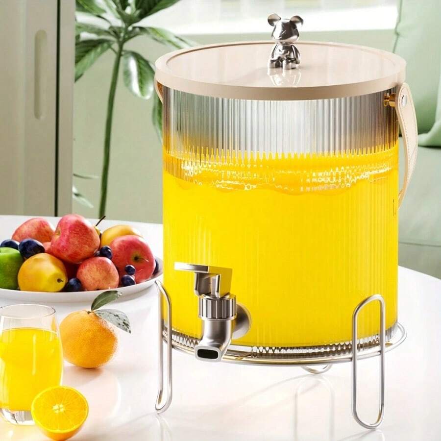 1 Stück Getränkespender aus Kunststoff mit großer Kapazität und Ventil - langanhaltend Kaltgetränkebehälter, kommt mit Fruchtpressvorrichtung, geeignet für Saft, Tee und Kaltbrühe, einfaches Pumpsystem, transparentes Design, Griff aus Kunstleder, ideal für Zuhause, Restaurant und Hotel Gebrauch, Getränkespender
