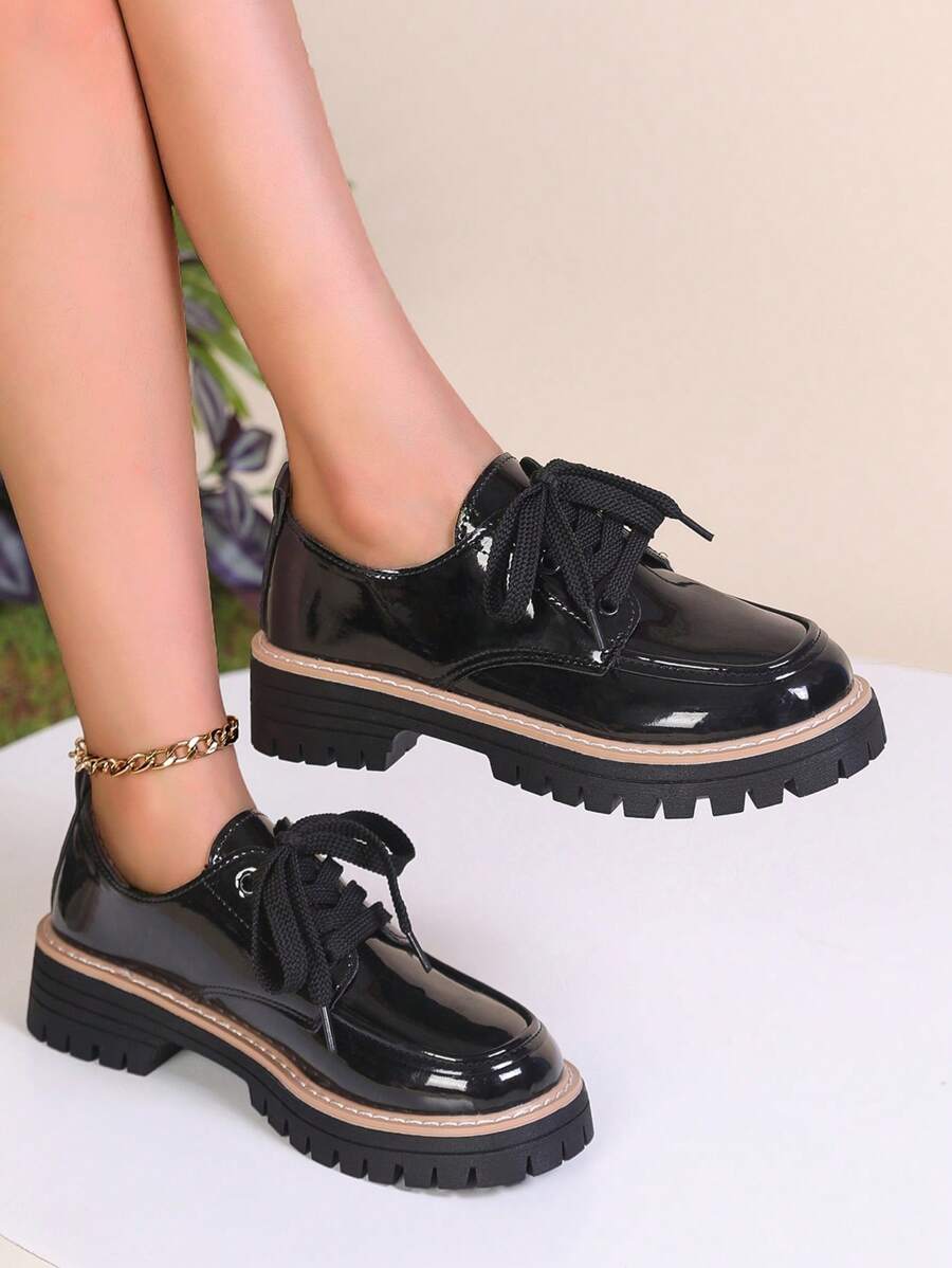 Women's Black Platform Chunky Heel Loafers, Thick Sole British Style French Leather Lace-Up Casual Shoes