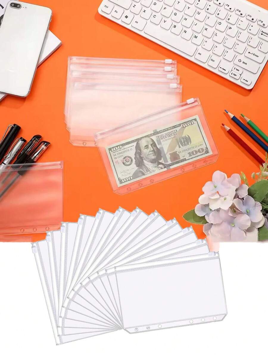 30/15/12pcs Adhesive Pocket A6 Clear Loose Leaf Odorless Waterproof 6 Hole Zipper Bags, Ticket/Cash Holder Pouch,Back To School,School Supplies