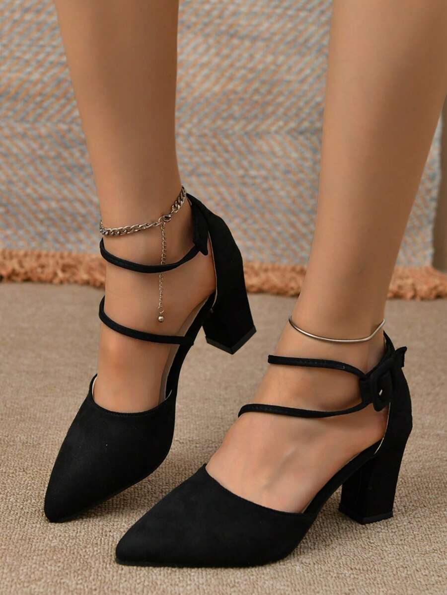 Women's Black Thick Heel Sandals With Strap Design, Summer New Pointed Toe Criss-Cross Medium Heel Pumps