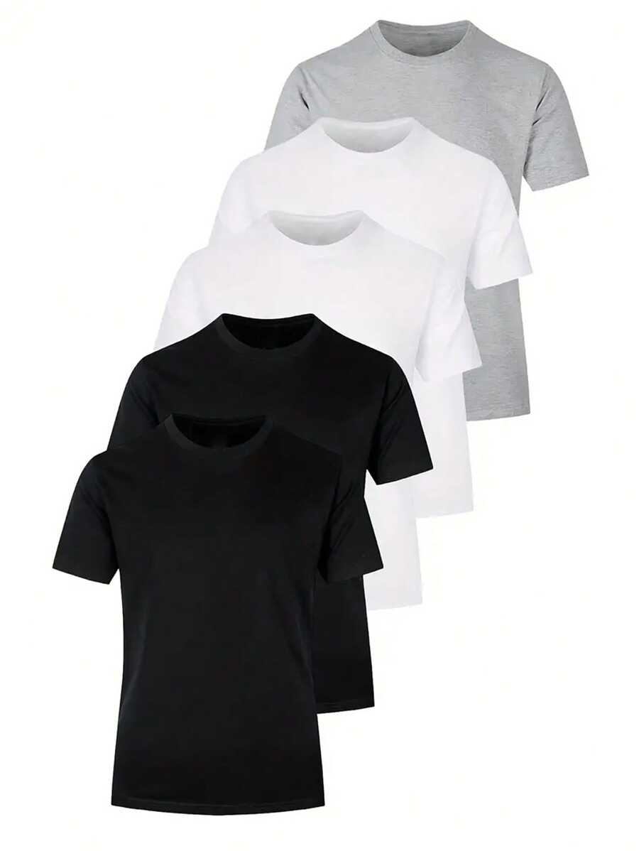 Paquete de 5 camisetas de cuello redondo de manga corta de unicolor minimalista para hombres