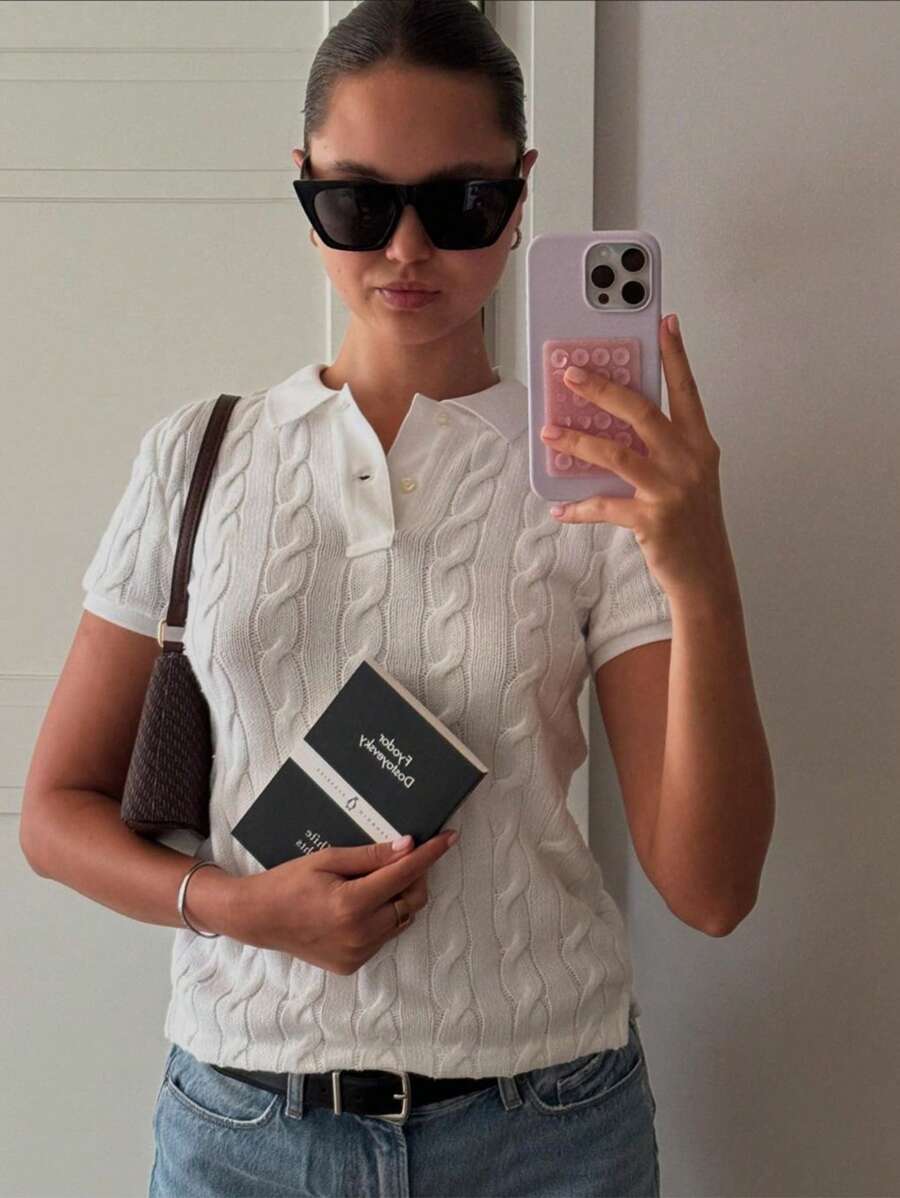 Spring/Summer New White Polo Collar Twisted Flower Short Sleeve Knitted T-Shirt For Women, Slim Fit Button Half Open Casual Commuter Style Top