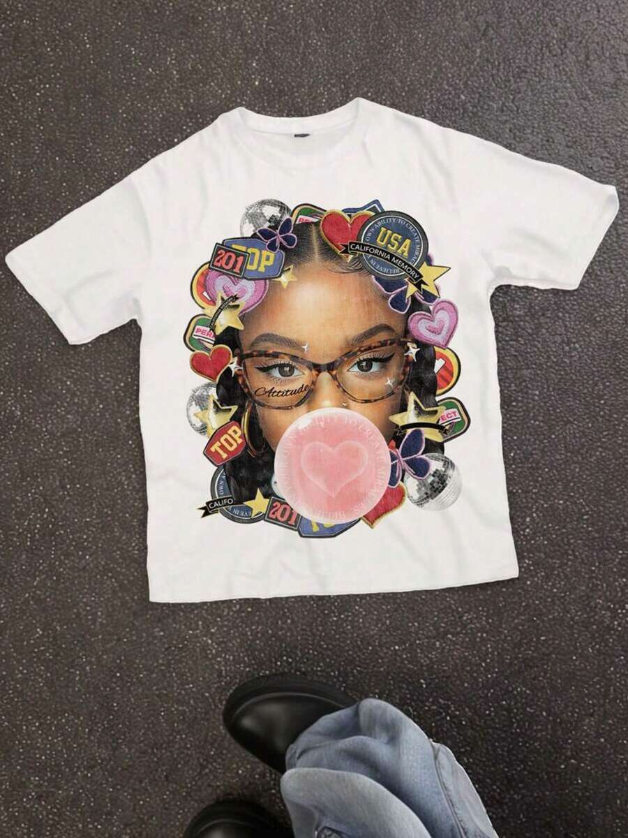 Ropa de chica adolescente, Patrón de letras burbuja, Camiseta de manga corta para adolescentes, Camiseta con estampado de letras, Cuello redondo regular, Tela transpirable