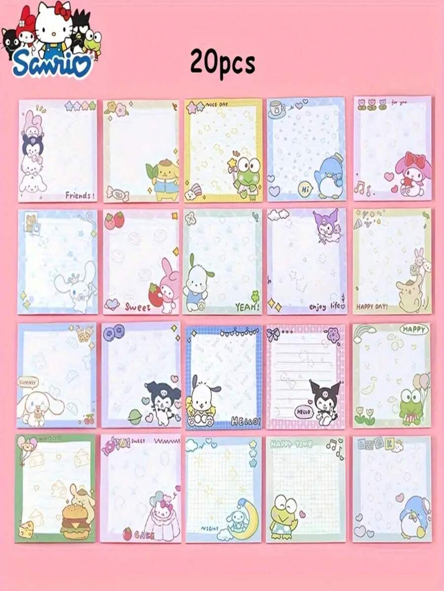 Sanrio 4 Sets /80 Piezas de Notas Adhesivas Sanrio, Pegatinas de Dibujos Animados Lindos de Melody Lomi, Accesorios de Apariencia Hermosa para Tomar Notas y Mensajes, Útiles escolares, Vuelta al Colegio