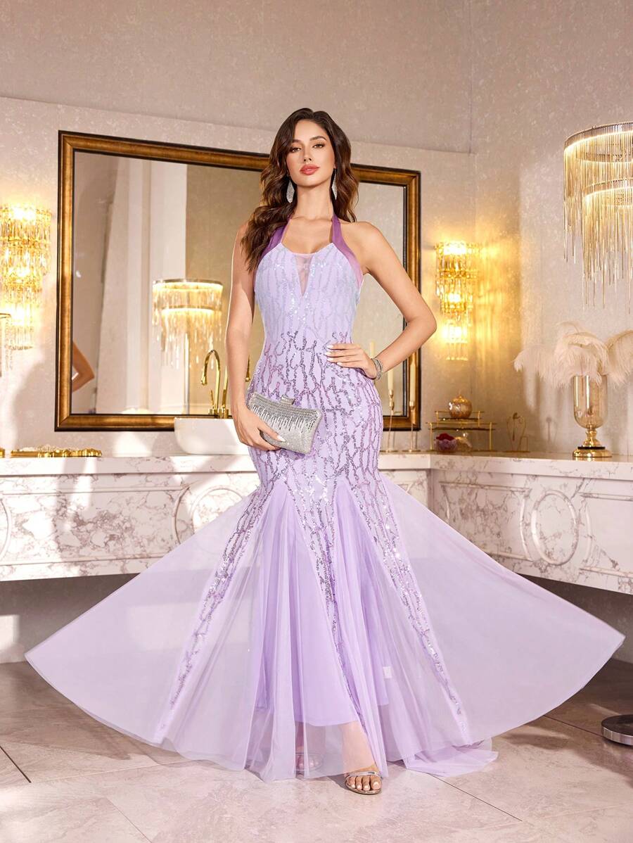 yanchunxier 1pc Elegant Sequin Halter Neck Backless Ribbed Knit Dress, With Sequin & Mesh Hem Detailing, For Wedding, Party, Formal Event, Fall Women Clothing