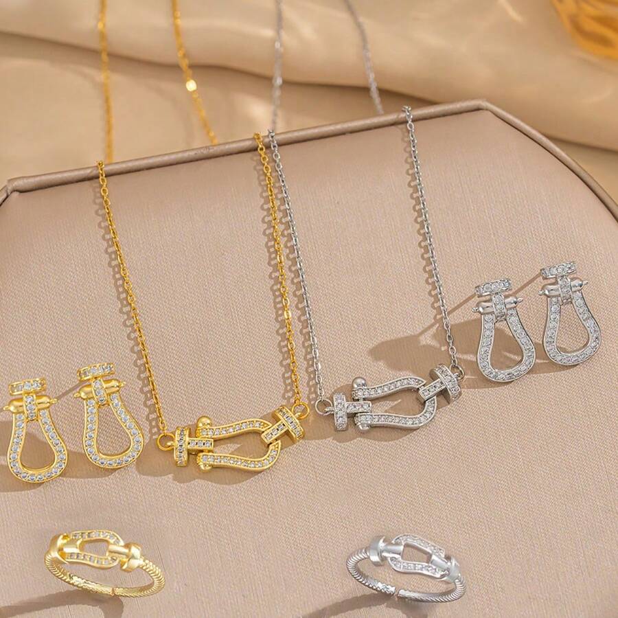 1 Stück modischer Luxus Schmuckset mit kubischem Zirkonia und Hufeisen-Verschluss, bestehend aus Halskette, Ohrringen und Ring, elegant und vielseitig einsetzbar, perfektes Geschenk für Frauen
