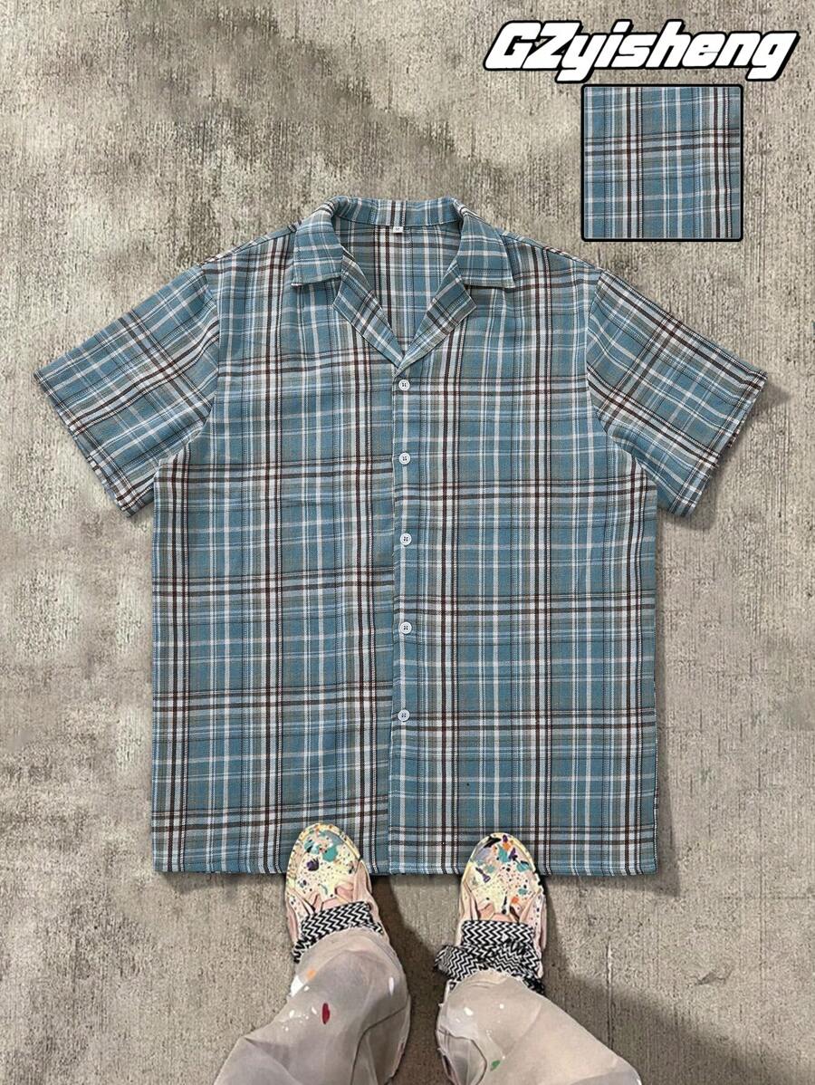 Camisa de manga corta de cuadros azules informal, suave y cómoda de moda para primavera