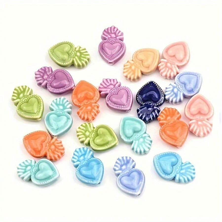 10 pièces Perles de cœur en céramique émaillée pour la fabrication de bijoux et de colliers, trou vertical, couleurs assorties, fournitures d'artisanat en gros