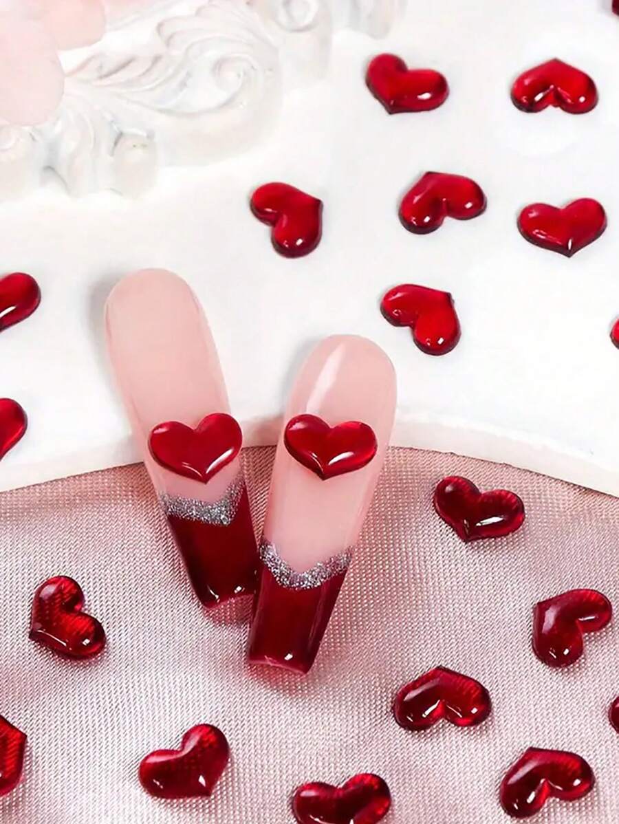 30pcs Heart Shaped 3D Nail Decorations, Cherry Red Rhinestone, Transparent Nail Jewelry, Odorless, DIY Finger Decors, Valentine"S Day Nail Accessories