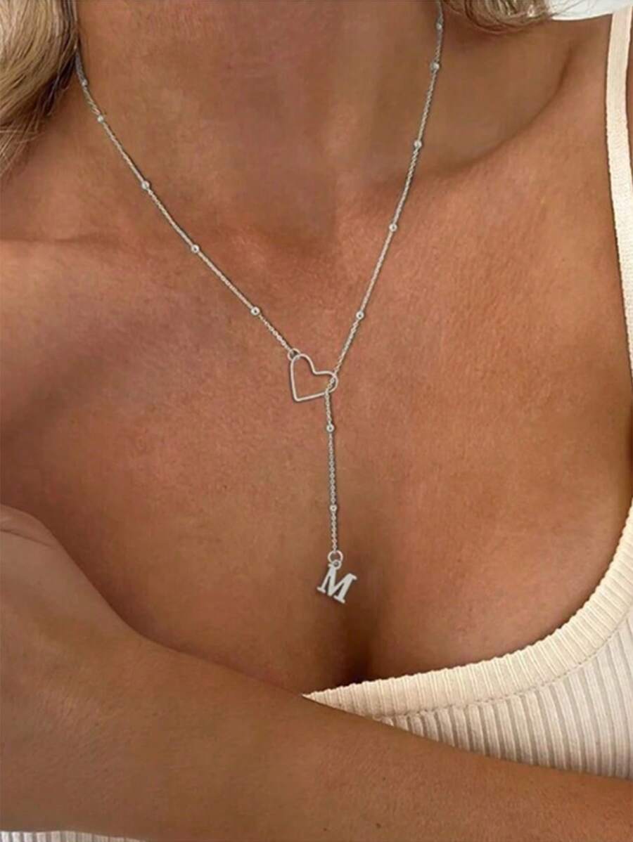 1pc Stainless Steel Hollow Heart & Letter Design Necklace, Fashionable Delicate Layered Choker Necklace For Women
