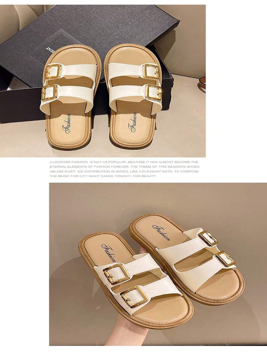 2025 Summer New Retro Thick Sole Fashion Buckle Strap Slide Sandals, Women Casual Slip-On Non-Slip Beach Sandals, Soft Sole Versatile Flat Sandals