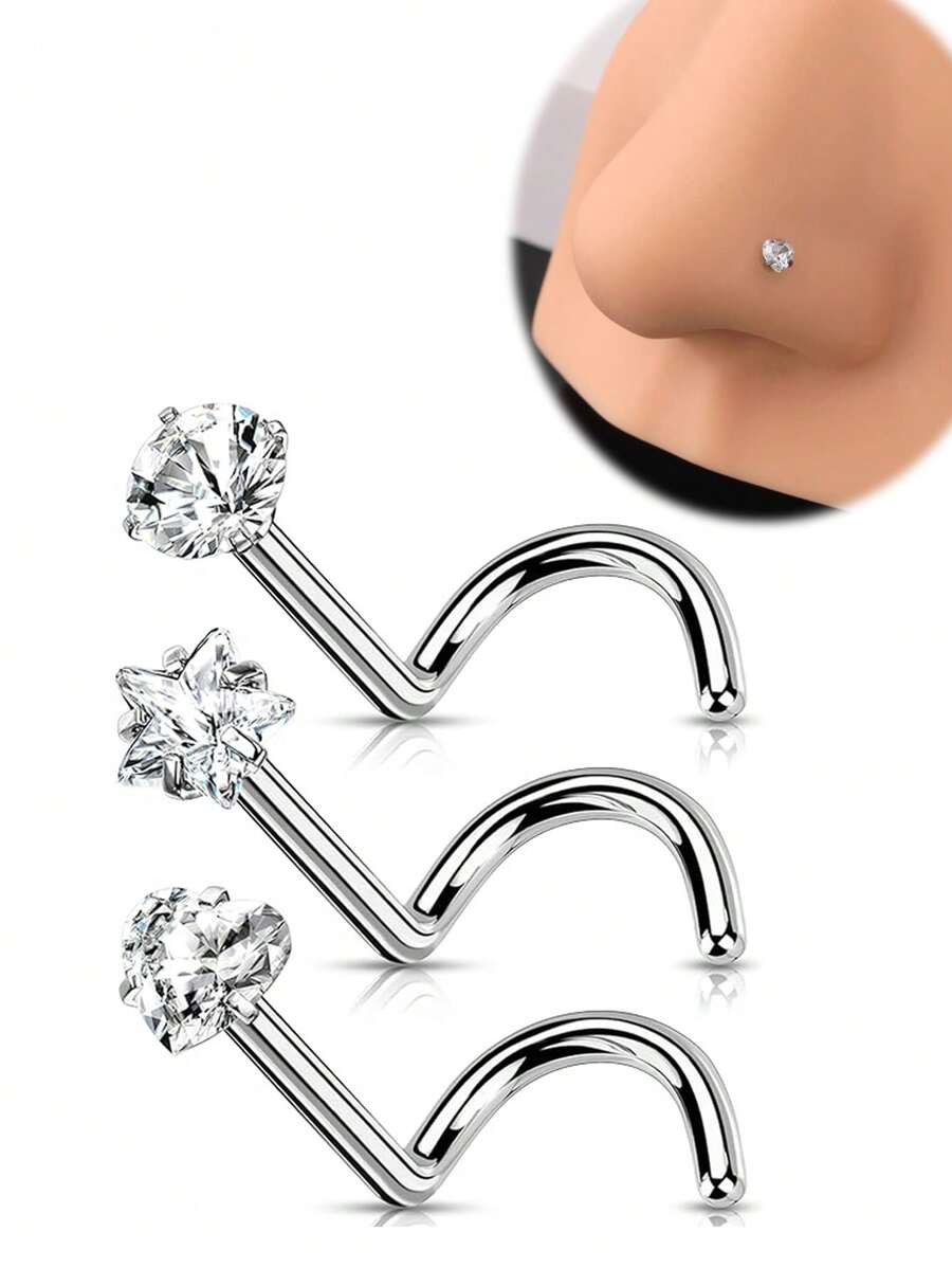 AVYRING 3 pièces Lot de piercings pour le nez à vis 20G avec strass en forme d'étoile et de cœur. Bijoux de perçage corporel pour femmes, boucles d'oreilles pour le nez