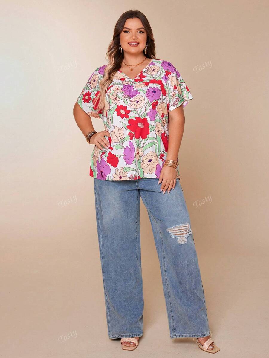 V-Neck Floral Print Casual Festival Vacation Short Sleeve Ruffle Hem Pullover Blouse, Plus Size Women