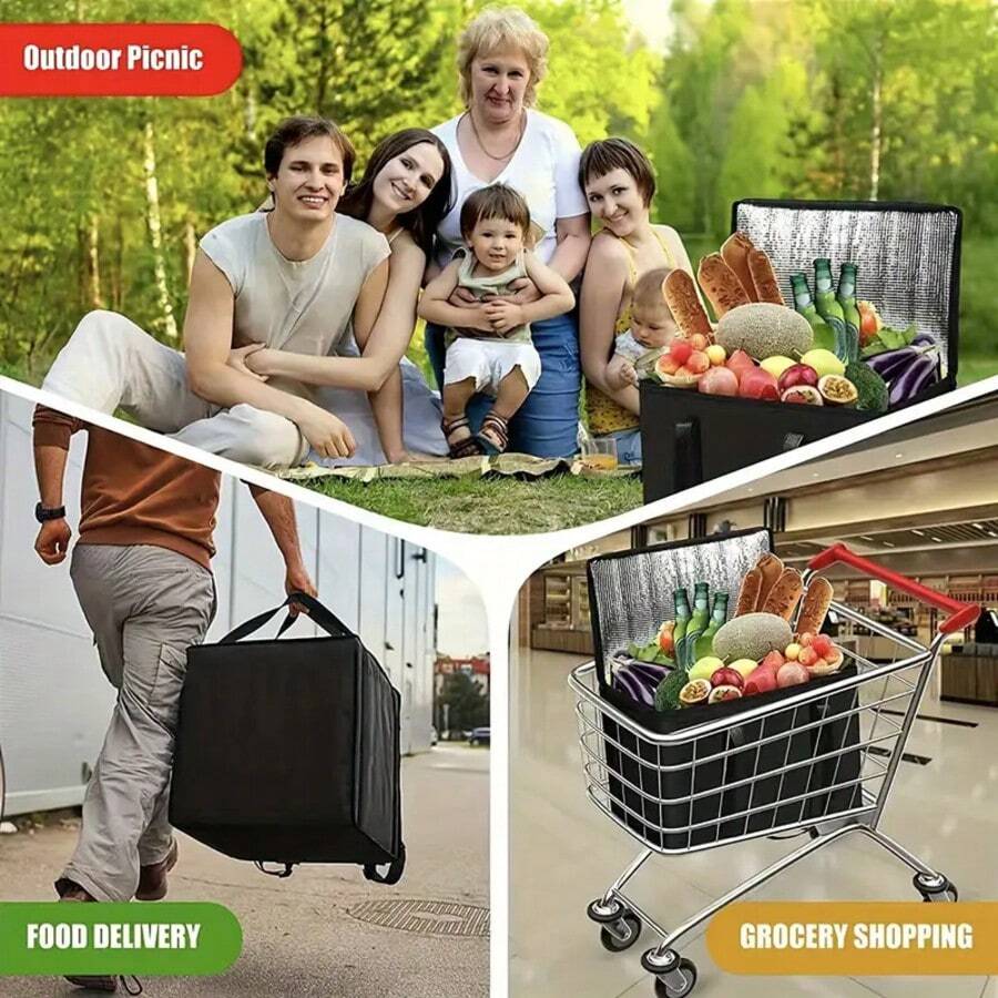 1 pezzo Borsa termica portatile di grande capacità, con 3 strati di isolamento, in tessuto non tessuto PVC, mantiene il cibo caldo/freddo per 1,5 ore, rivestimento in alluminio facile da pulire, isolamento in schiuma, con manico